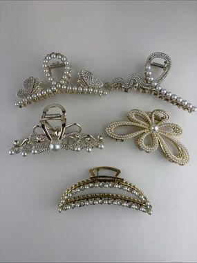 NWOT Set of 5 ~ Faux Pearl/Rhinestone Hair Claw Clips